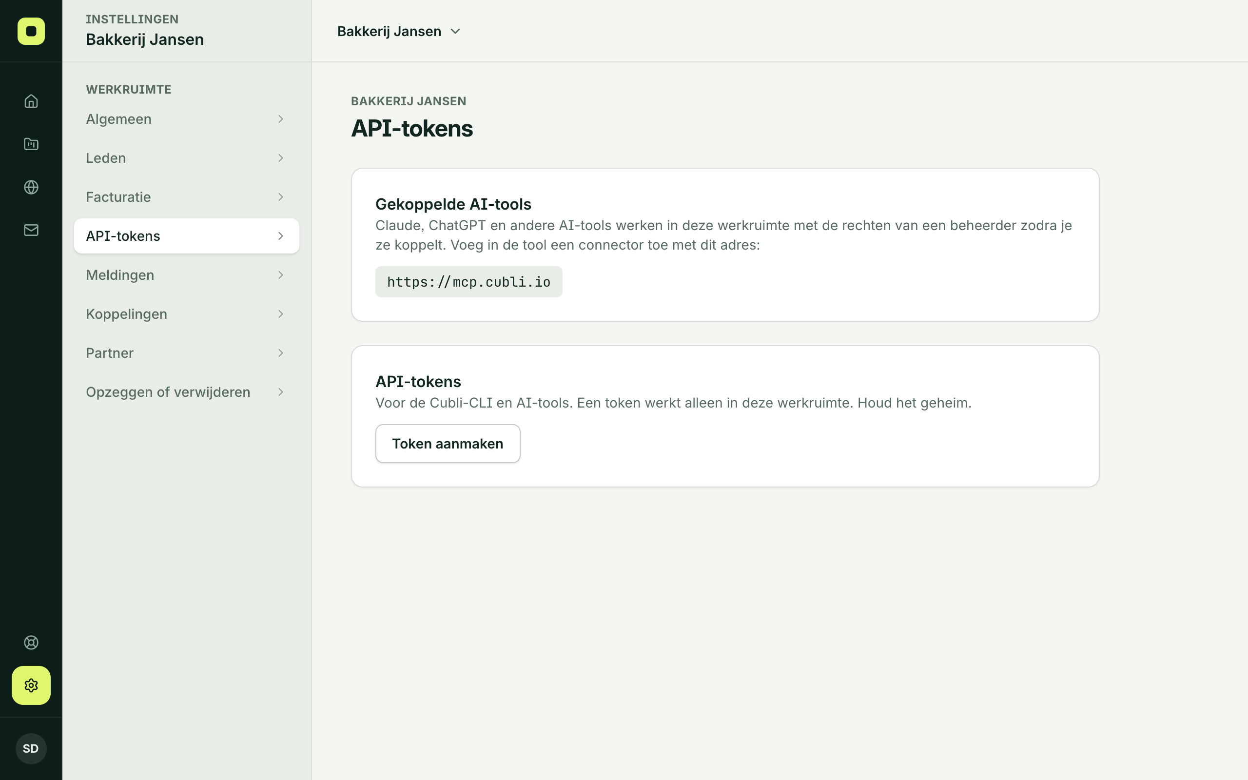 The API tokens page with the Connected AI tools card and the address https://mcp.cubli.io