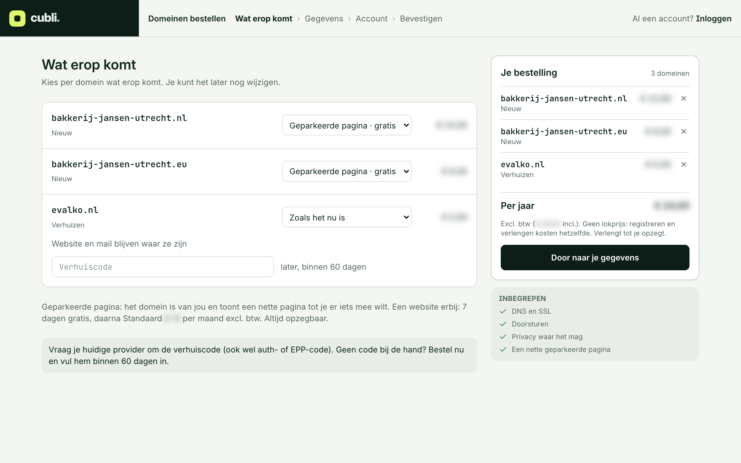 The order page without an account: what goes on each domain, a transfer with the field for the transfer code, and your order on the right