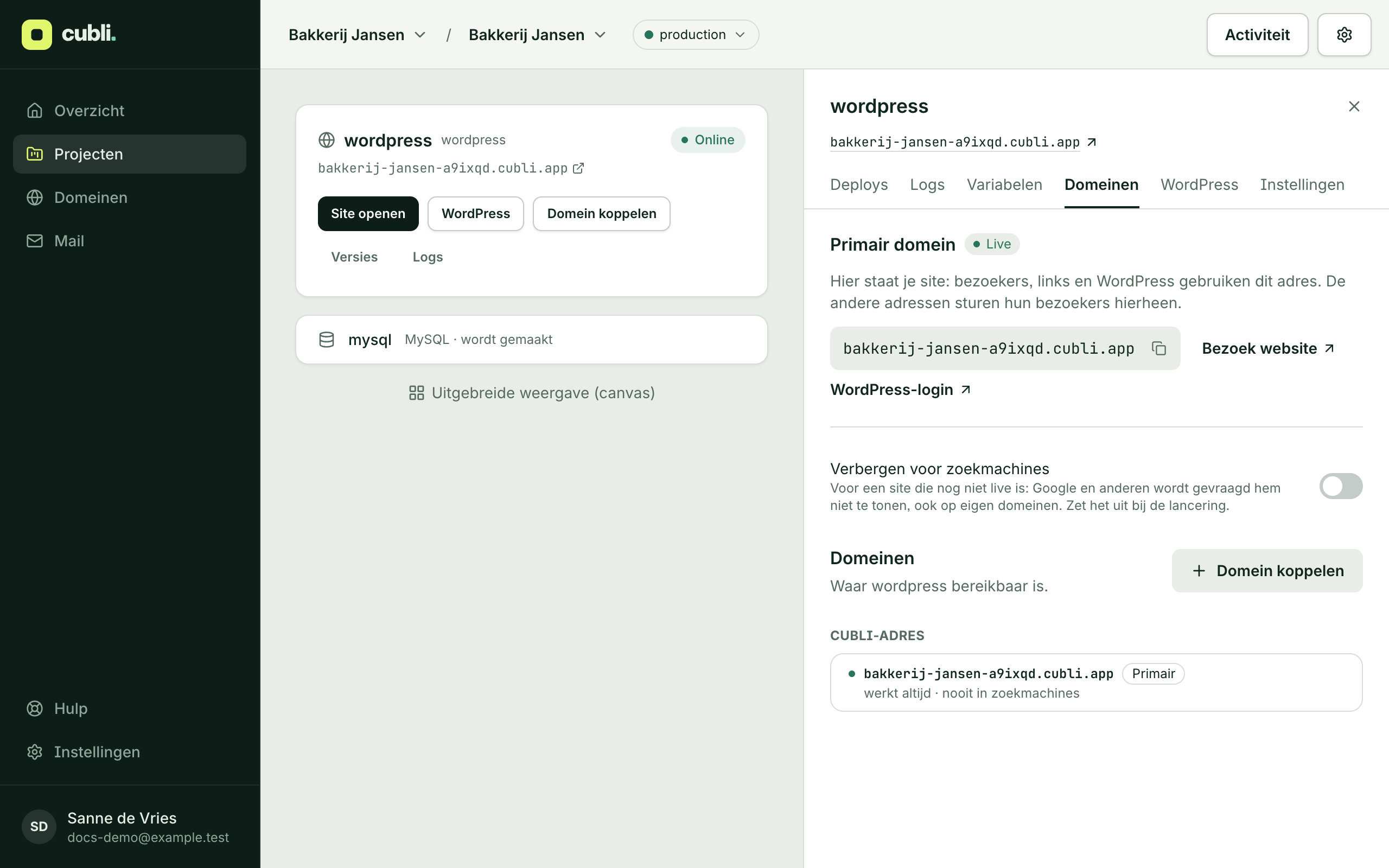 Het tabblad Domeinen van een site, met het primaire domein en de knop Domein koppelen