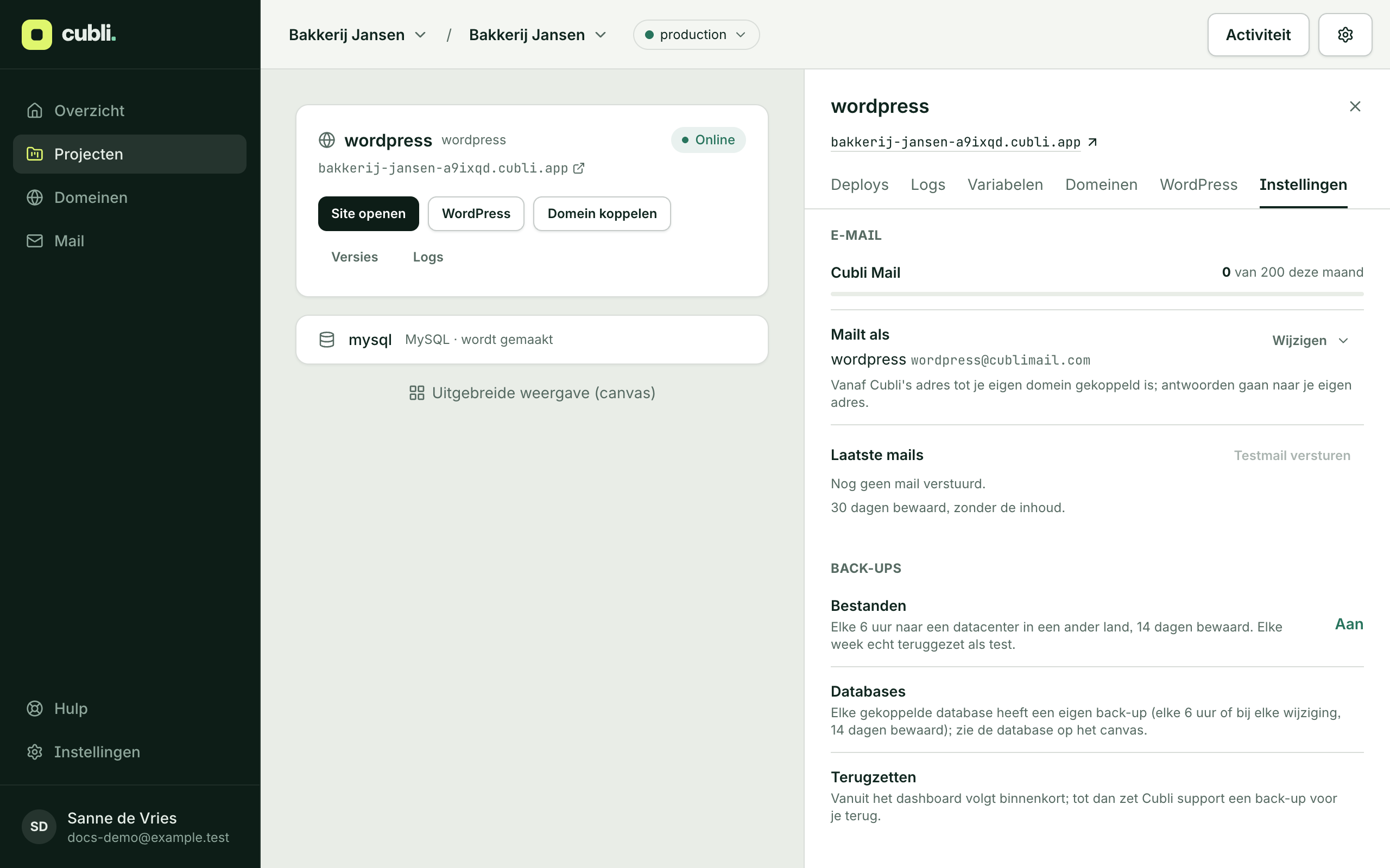 The Settings tab of a site, with Cubli Mail, Mails as and Latest mails