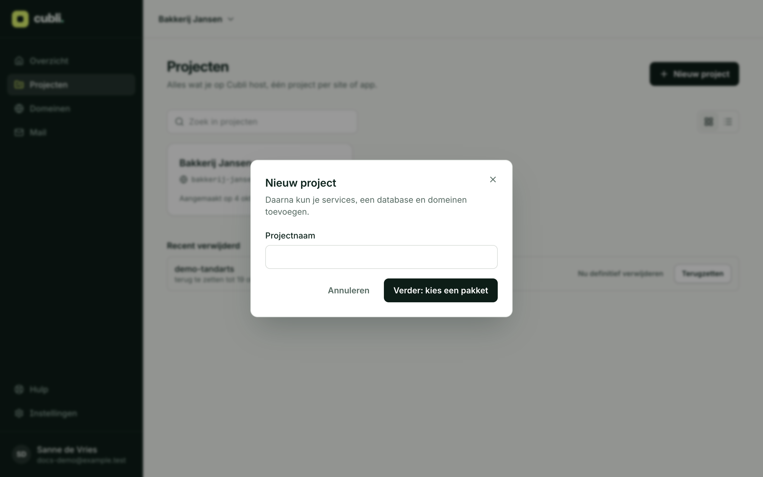 The New project window with the project name field and the Next: choose a plan button