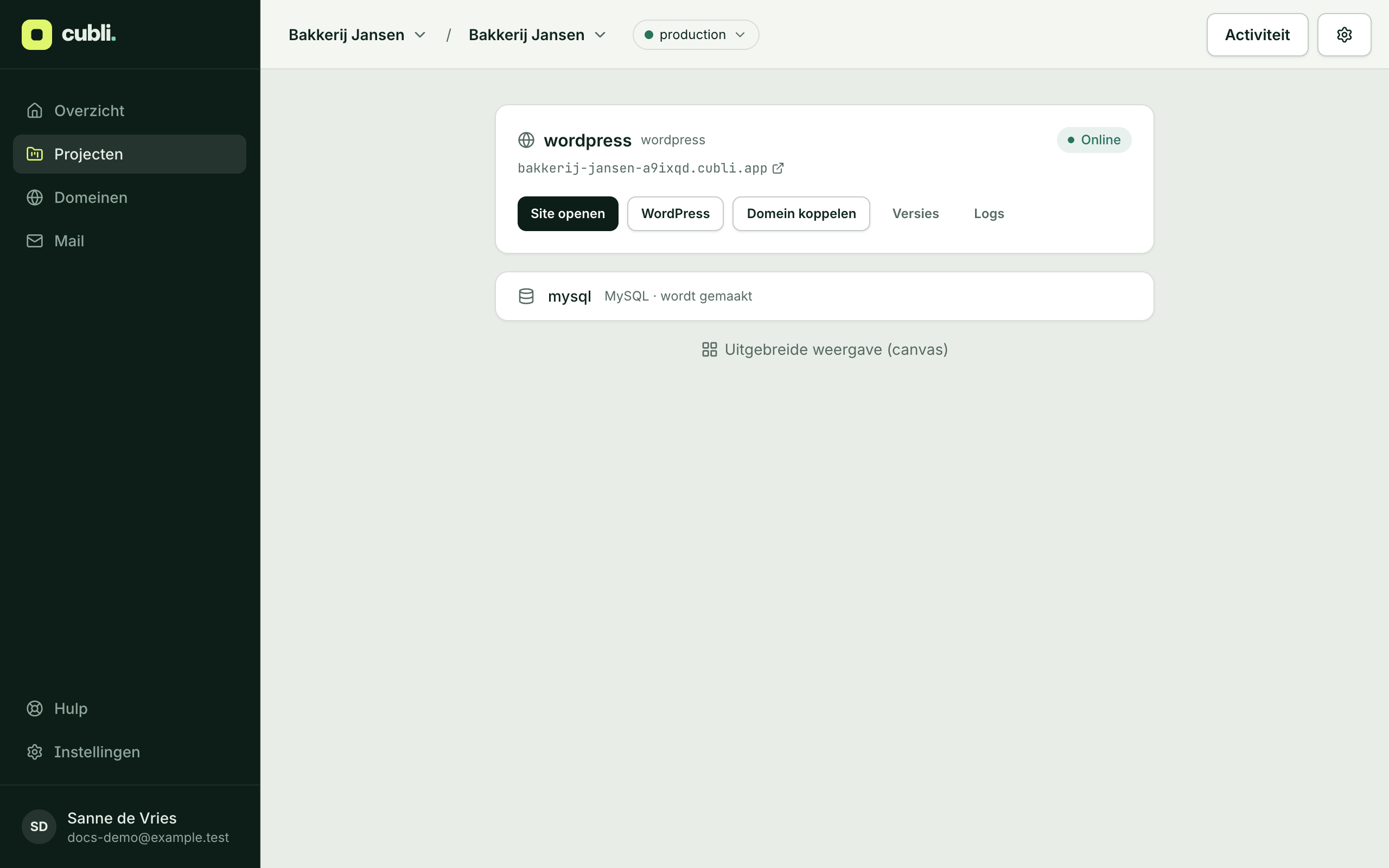 A project in the simple view, with the buttons Open the site, WordPress, Connect a domain, Versions and Logs