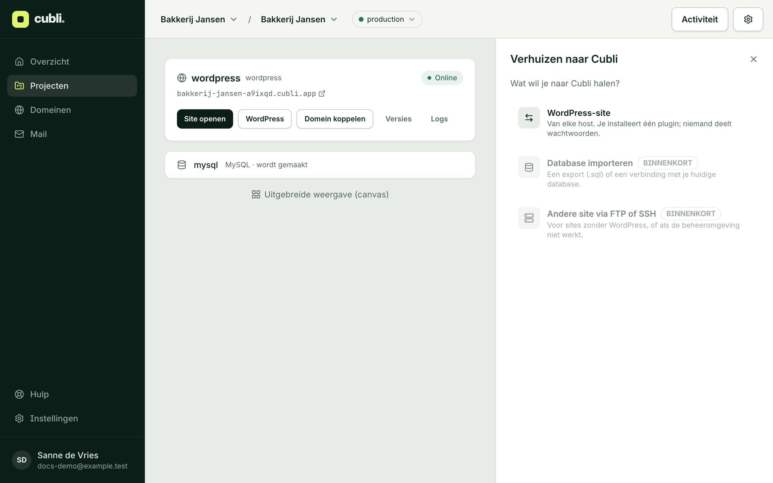The Move to Cubli panel with the WordPress site option